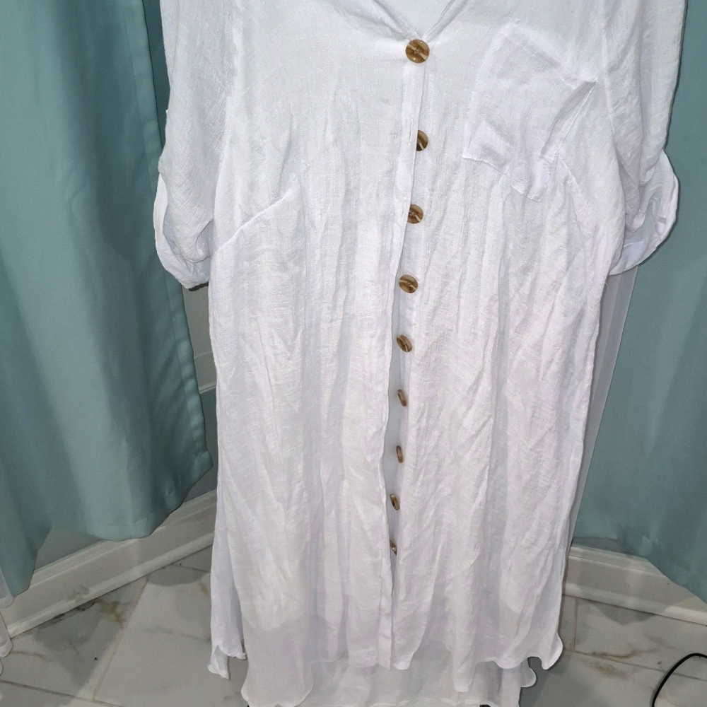 Mlle Gabrielle White Dress with Brown Buttons, A Lining & Front Pocket . - Picture 2 of 5
